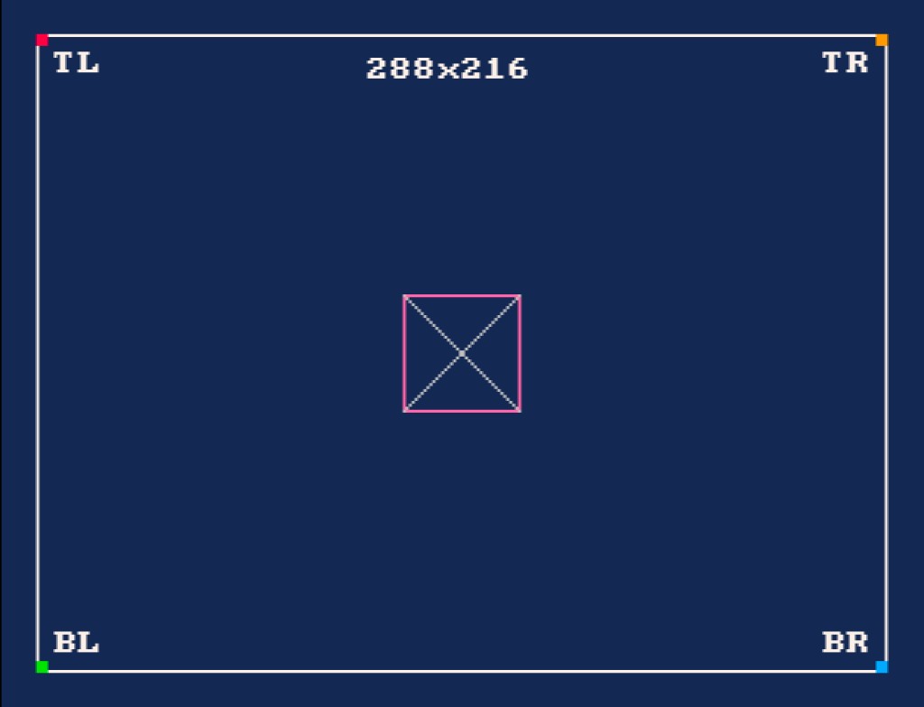 Calibration scene showing the fixed 288x216 logical canvas